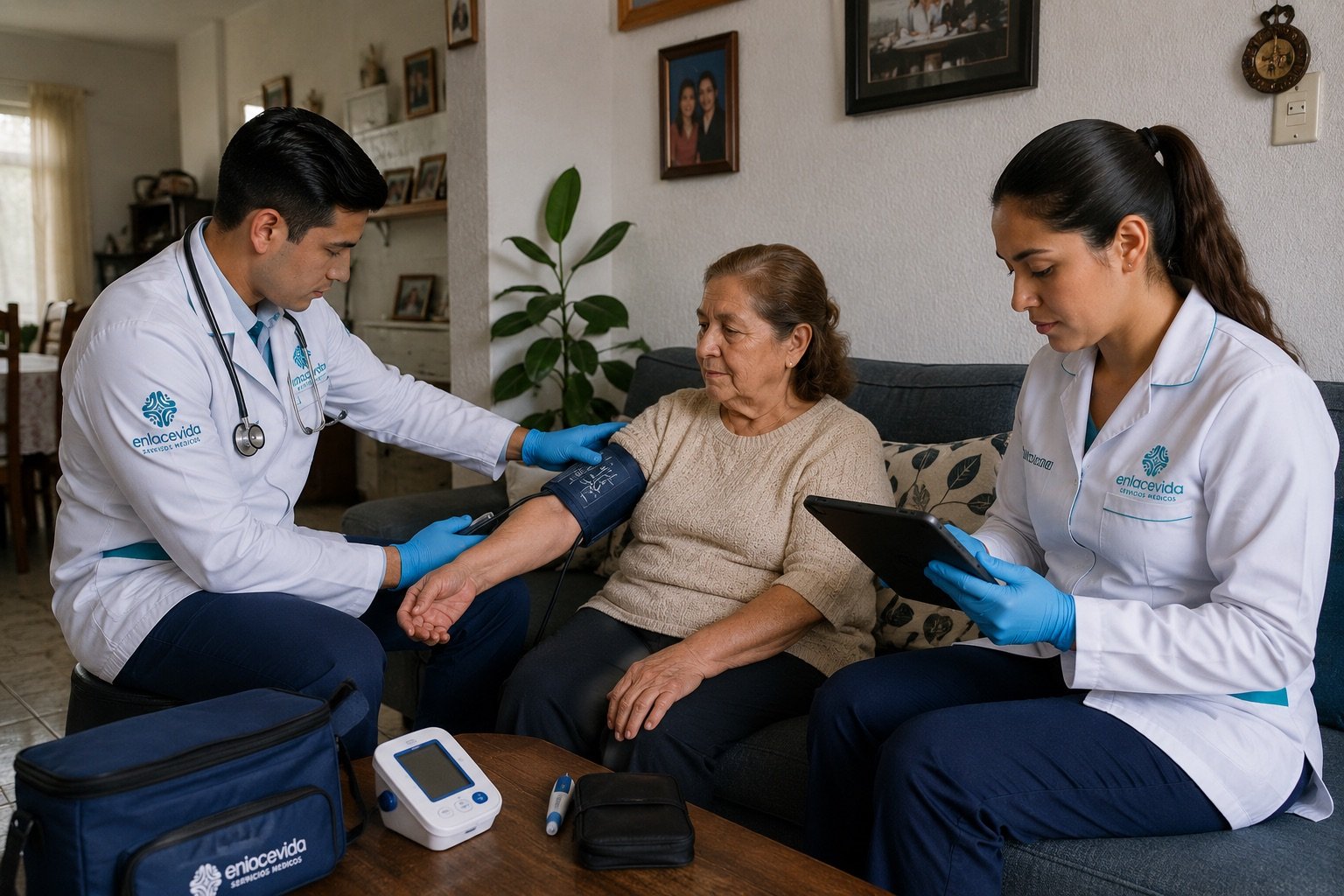 Médico y enfermera EV+ atendiendo a una paciente en su sala