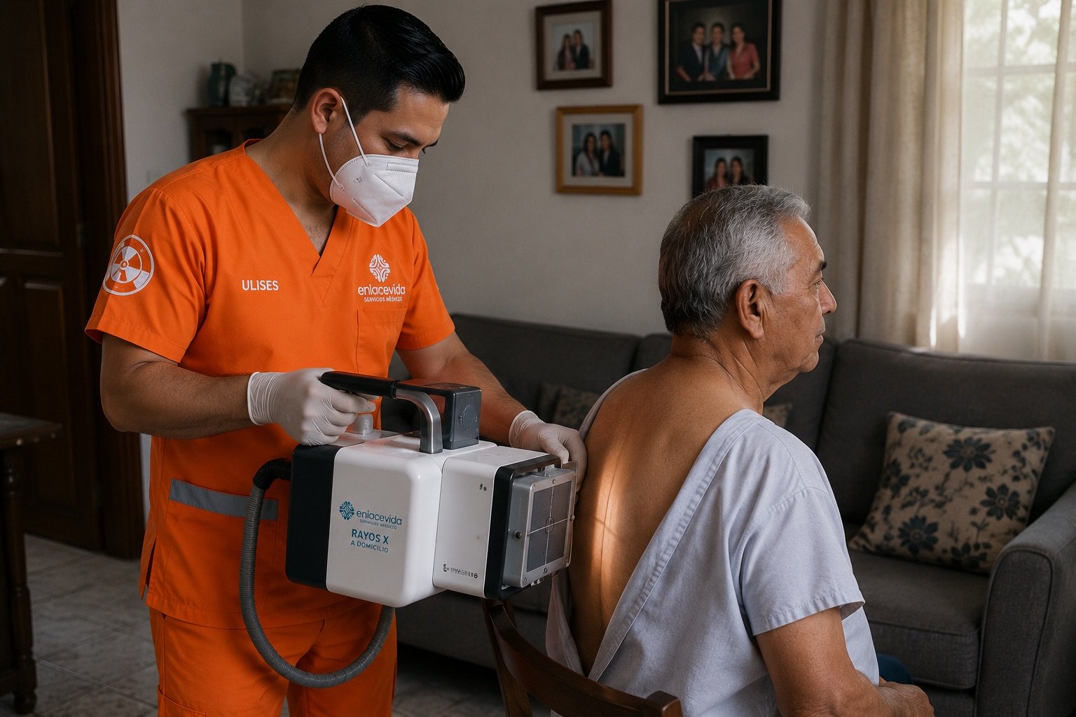 Técnico EV+ realizando un estudio de rayos X a domicilio