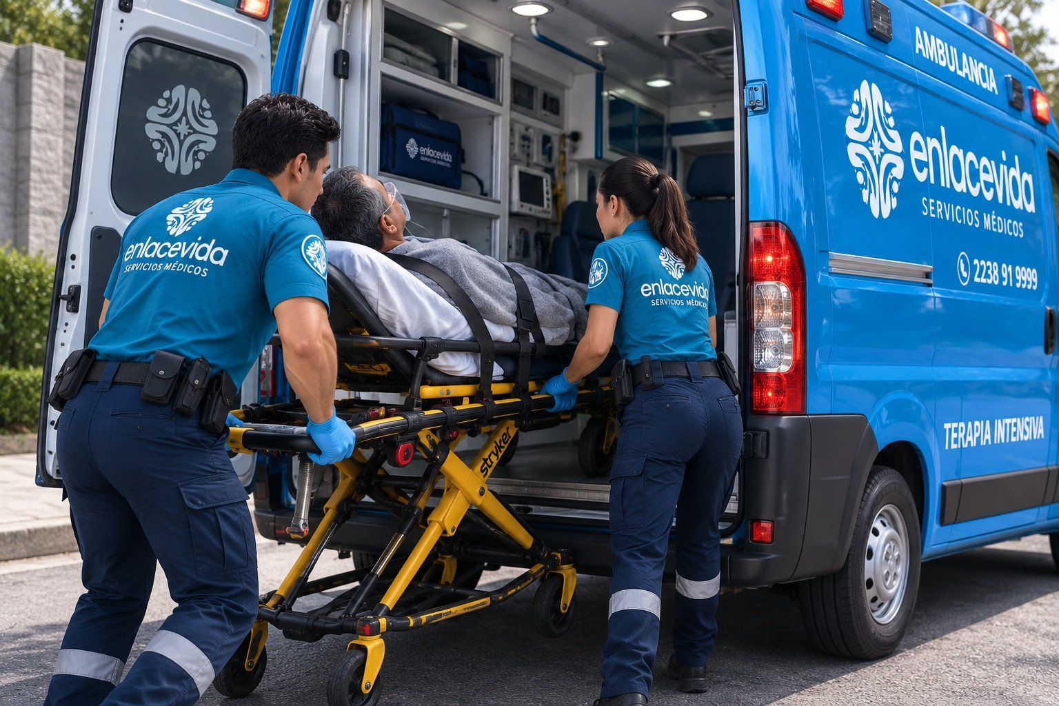 Paramédicos EV+ trasladando a un paciente en camilla hacia la ambulancia